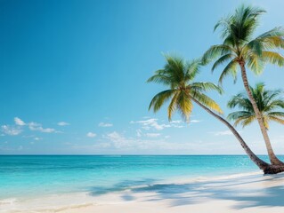 Swaying Palm Trees along the Idyllic Tropical Coastline with Turquoise Waters and Clear Blue Sky