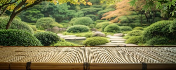 Serene Japanese garden view featuring lush greenery, stone pathways, and a tranquil atmosphere ideal for relaxation and meditation.