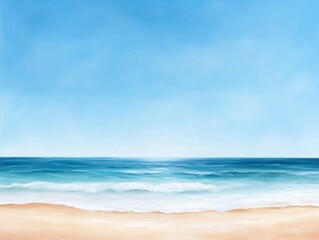Fototapeta premium Tranquil Beach Scene with Soft Sunlit Sand and Serene Azure Ocean Horizon
