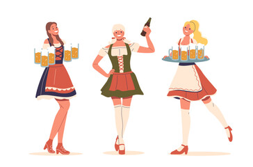 Three Women In Traditional German Costumes Joyfully Holding Beer Mugs. They Are Dressed In Colorful Dirndls