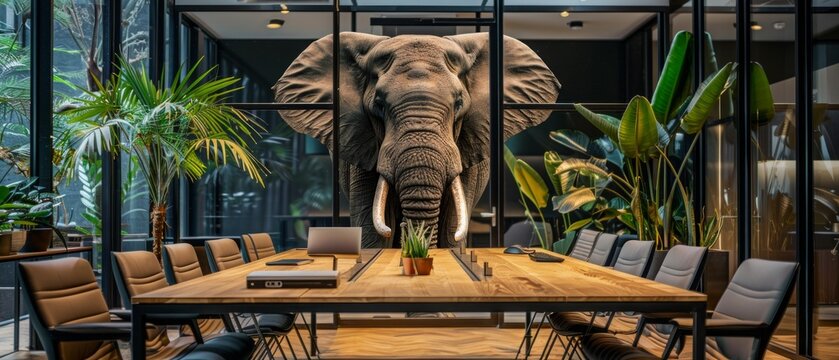 Modern conference room with a nature-inspired design. Wooden table, black chairs in tiered layout, laptops for presentations, potted plants, and an elephant head decoration blend nature