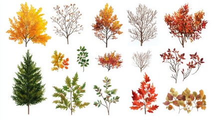 Various types of autumn tree branch plants, bushes, shrubs, and small plants in isolation.