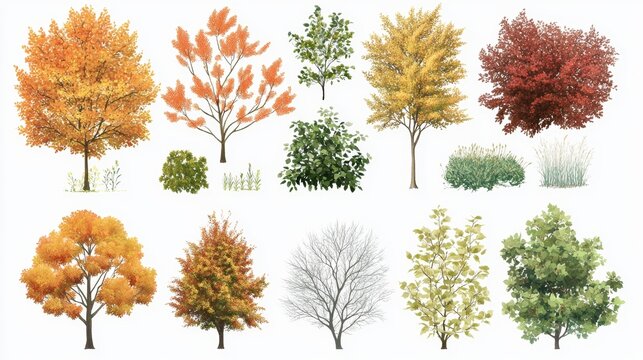Various types of autumn tree branch plants, bushes, shrubs, and small plants in isolation.