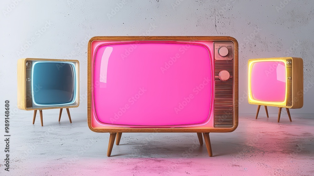 Poster three retro television sets feature striking pink, blue, and yellow screens, arranged artistically i