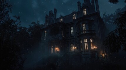 Fototapeta premium Haunted Victorian mansion with flickering candlelight in windows