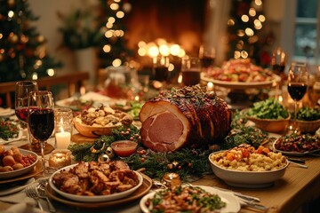A family gathers around a beautifully set dining table adorned with a roasted ham, colorful side dishes, and twinkling lights, creating a warm holiday ambiance