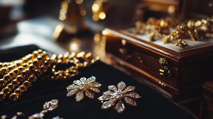 A close-up view of a table with shiny gold earrings and a jewelry box.