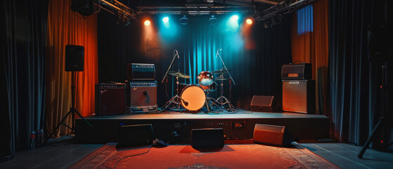 Image of an empty stage with drum kit, amplifiers, and speakers. Blue and orange lighting creates a warm, intimate vibe. Red rug and curtains add to the theatrical atmosphere.