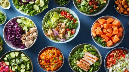 A colorful spread of fresh salads, photographed from above.  Different plates and bowls are filled with leafy greens and healthy ingredients like chicken, salmon, and vegetables.