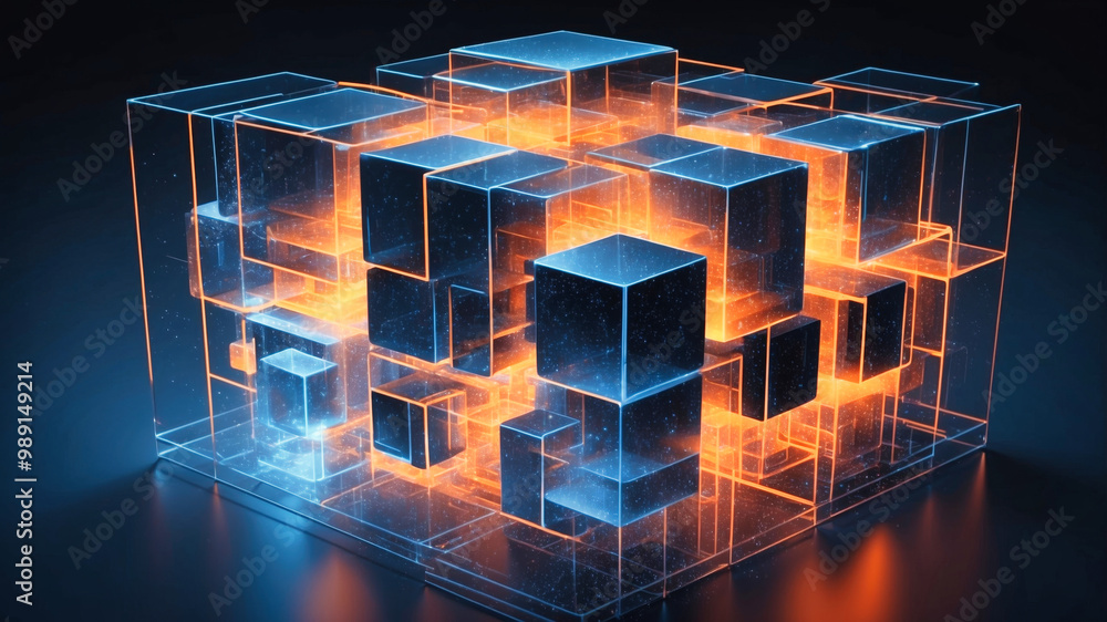Poster interconnected transparent cubes in an abstract technology composition