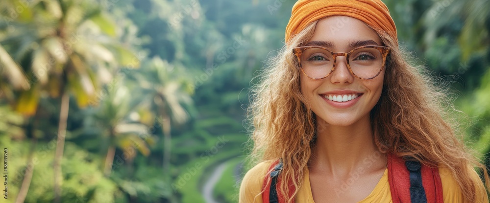 Wall mural happy tourist woman with