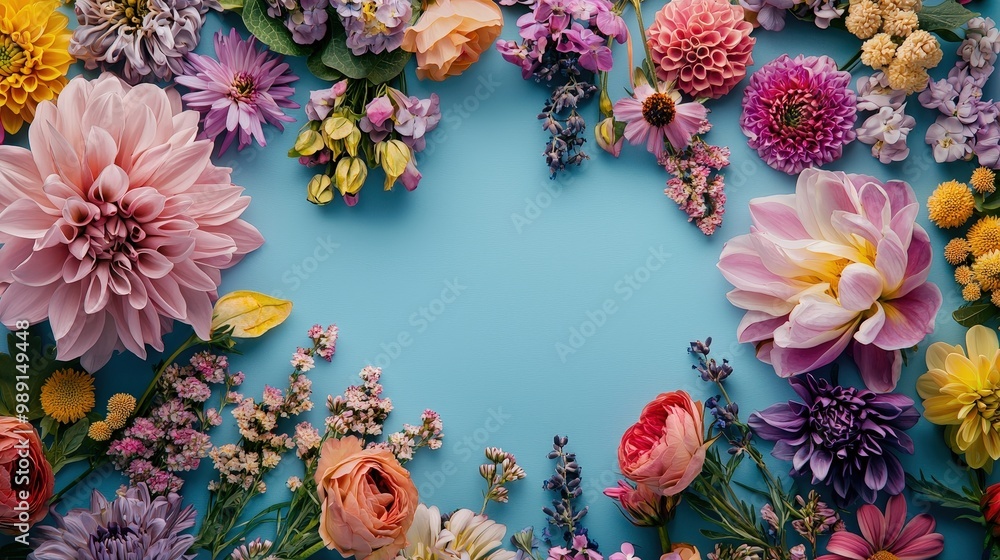 Poster a colorful array of spring flowers is artfully arranged on a bright blue background, showcasing dive