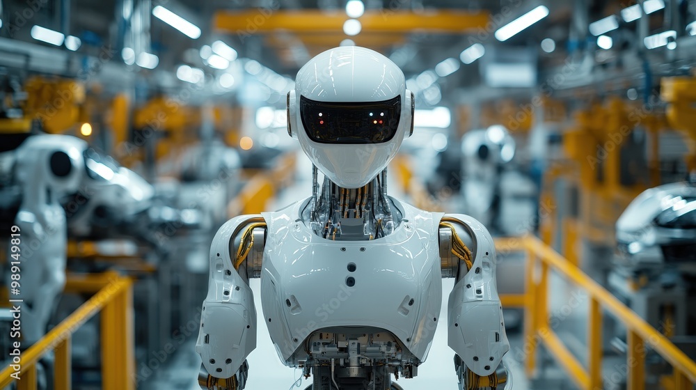 Aufkleber A humanoid robot with a sleek design is prominently featured in a busy manufacturing facility. Surrounding it are other robots engaged in automated assembly, highlighting innovation