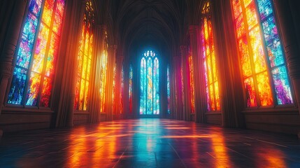 A stained glass windows in a dark cathedral, capturing the light in vibrant colors.