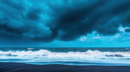 Vast ocean landscape, rolling waves crashing gently on a black sand beach, dramatic clouds in the sky, wide panoramic shot, moody atmosphere