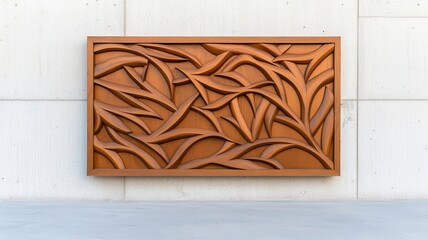 Naklejka premium Intricate wooden wall art featuring a contemporary design with flowing leaf patterns, perfect for modern home decor.