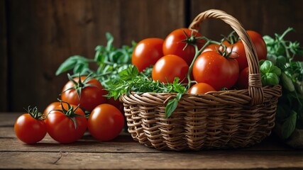 Basket of tomatoes and herbs on wooden shelf background