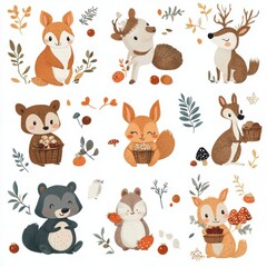 Obraz premium Charming woodland animals illustrated in unique styles, perfect for children's decor, prints, or nature-themed projects.