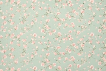 Delicate Pink & Blue Floral Pattern on Green Background