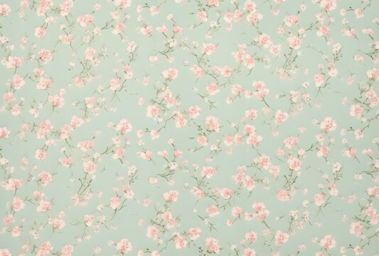 Fototapeta Delicate Pink & Blue Floral Pattern on Green Background