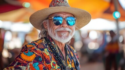 Obraz premium Stylish Senior Man in Desert Festival: Trendy Outfit with Colorful Tents Backdrop