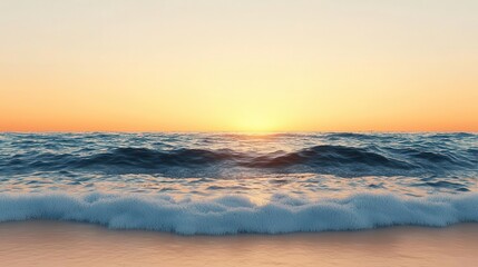 Obraz premium Ocean landscape at dawn, soft waves lapping against the shoreline, glowing orange sky, vast horizon, serene atmosphere, photorealistic detail