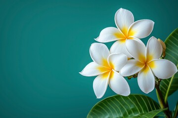 Naklejka premium Three White Plumeria Flowers with Yellow Centers Against a Teal Background