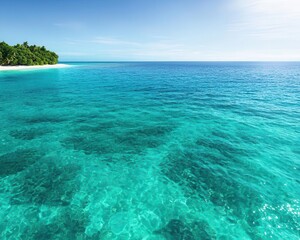 Fototapeta premium Tropical ocean shoreline with vibrant coral reefs, clear turquoise water, vast horizon, warm sunlight, hyperrealistic, serene atmosphere
