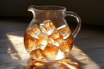 Glass Pitcher Filled with Ice Cubes and Sunlight