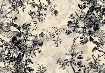 Antique French Toile de Jouy Floral Textile
