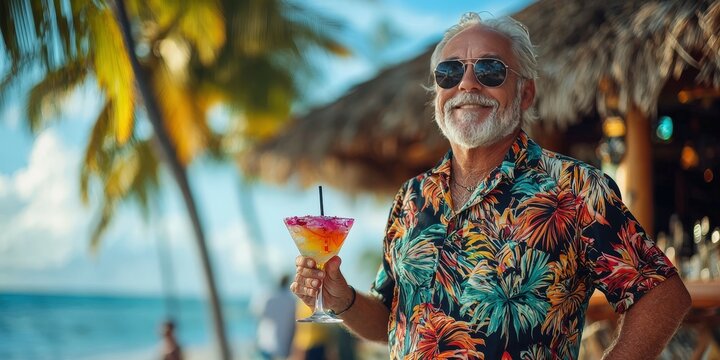An older man in a vibrant Hawaiian shirt and shorts, standing on a tropical beach with palm trees and a tiki bar in the background, holding a colorful cocktail