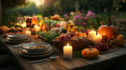 Naklejka premium An outdoor Thanksgiving feast in the countryside, with a large wooden table decorated with candles, pumpkins, and seasonal produce.