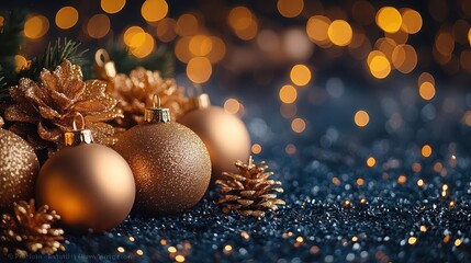 Fototapeta premium luxurious christmas scene with golden ornaments and ribbons artfully arranged on deep navy background soft bokeh lights