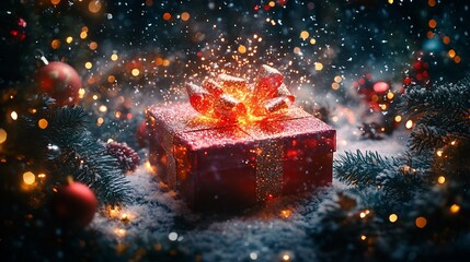 Open christmas magic gift box colorful lights and sparkles bursting out surrounded by festive holiday decorations and snowcovered pine branches in a winter wonderland setting