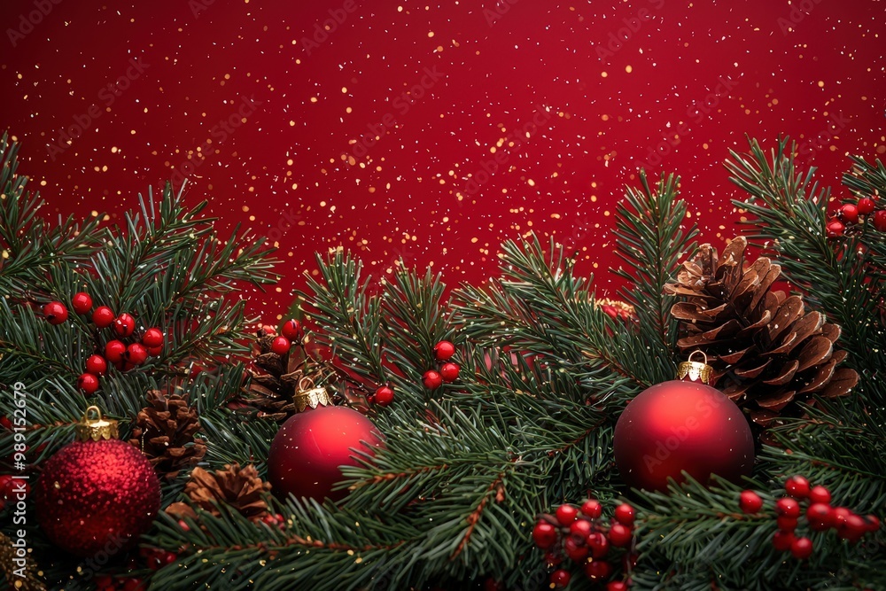 Poster Evergreen branches adorned with shiny red baubles and pinecones, set against a vibrant red background filled with sparkling flecks, create a festive holiday atmosphere