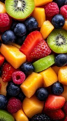 Obraz premium A vibrant assortment of fresh fruits, featuring strawberries, raspberries, blueberries, kiwis, and tropical melons arranged for a colorful display.