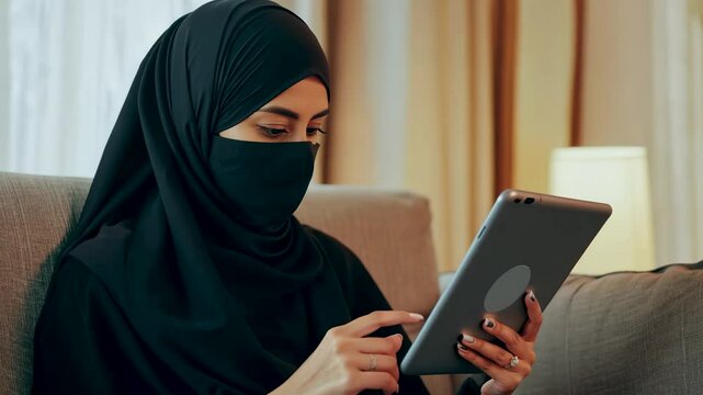 Woman wearing niqab and hijab using a tablet indoors, focused on the screen, perfect for technology, digital communication, or modern lifestyle content.