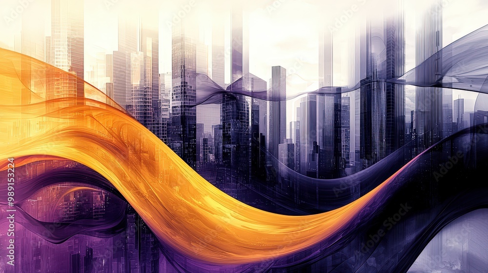 Poster A dynamic interplay of vibrant colors and abstract shapes evokes a sense of creativity, capturing a unique urban landscape during twilight hours filled with energy