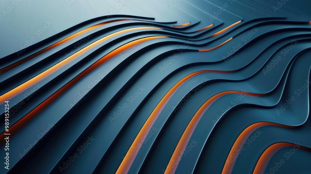 Wall mural Minimal geometric background. Dynamic blue shapes composition with orange lines