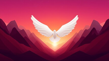 Bright white wings emerging from a glowing ethereal light, set against a heavenly backdrop of pink and purple hues in the sky, creating a scene of pure, divine beauty