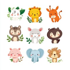 Obraz premium Cute collection of cartoon animals with friendly faces, perfect for children's illustrations and playful designs.