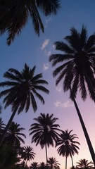 Serene Tropical Sunset with Silhouetted Palm Trees Against a Stunning Purple and Pink Twilight Sky