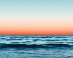 Fototapeta premium Ocean shoreline at sunrise, soft waves, glowing orange sky, vast horizon, crisp detail, photorealistic, serene atmosphere, high contrast
