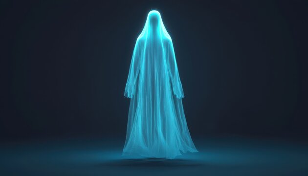 Digital hologram ghost costume, translucent with glowing blue and white edges, futuristic, minimalistic, ethereal lighting. - Powered by Adobe