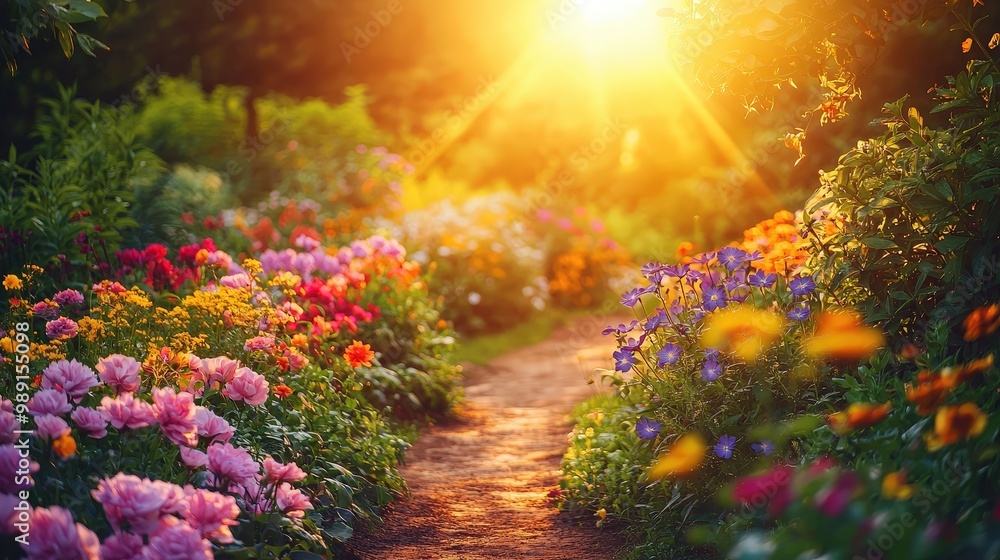 Poster a vibrant garden pathway filled with blooming flowers in various colors glows warmly in the light of