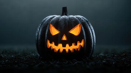 Pumpkin head costume, carved face, glowing eyes, 3D illustration ,closes up