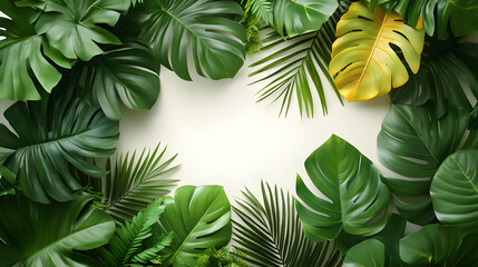Fototapeta premium Tropical Leaf Border with White Background - Green and Yellow Foliage