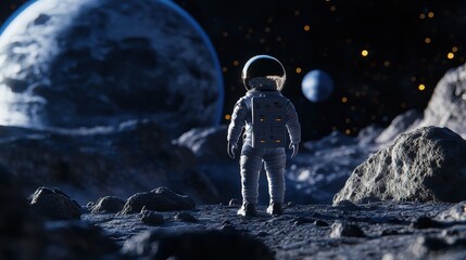Astronaut exploring the lunar surface with distant planets visible