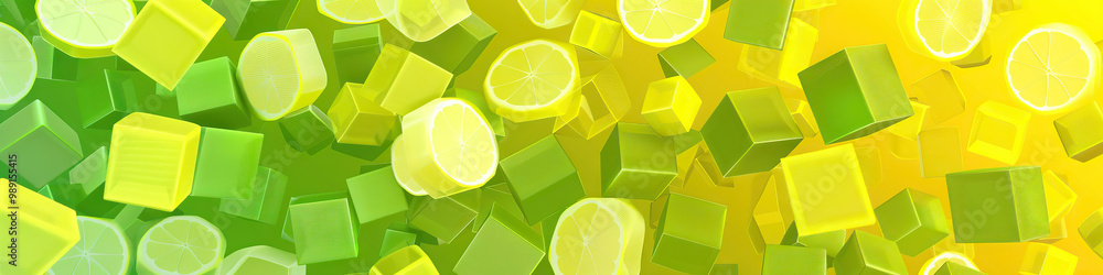 Poster lemony yellow and soft green abstract pattern with dropped lime squares