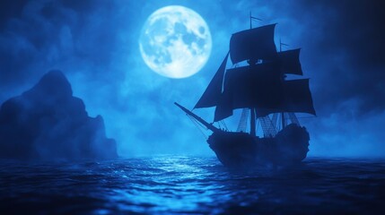 Fototapeta premium Skeleton crew on a pirate ship, ghostly sails, moonlit ocean, 3D illustration ,closes up